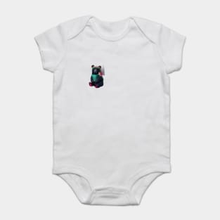 black bear wearing a green bib with the text “WHAT YOU MEAN JUICE FREE?” and a green hat with red dots. The bear is holding a fish in its left paw and sitting with its right paw resting on its leg, displaying pink pads on the soles of its feet Baby Bodysuit